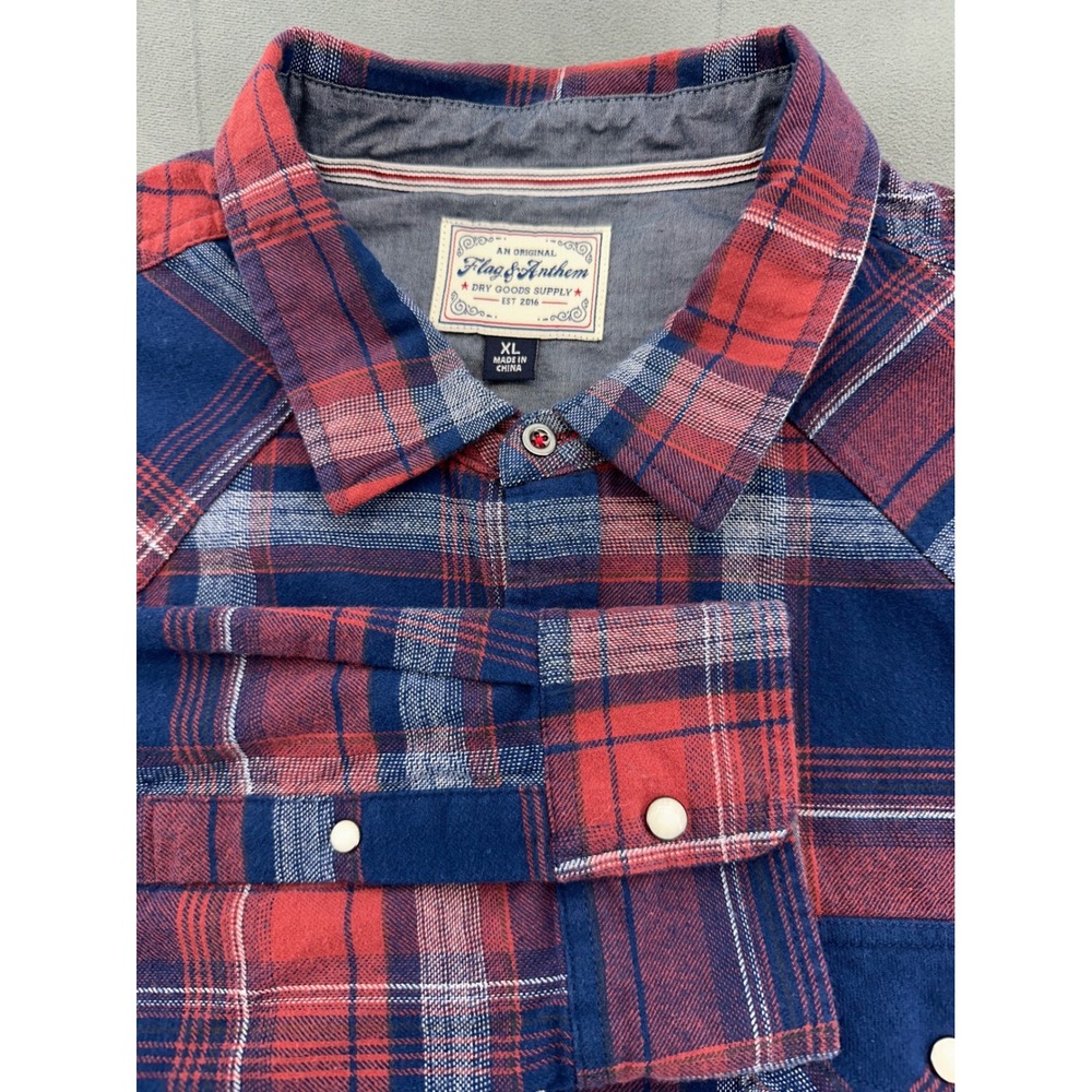 Flag & Anthem Mens XL Red Blue Plaid Western Flannel Pearl Snap Shirt July 4th